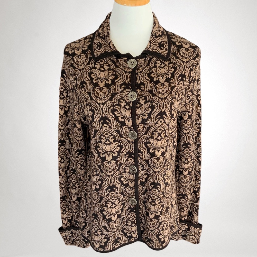 Chico’s Versailles Buttondown Black & Gold Patterned Cardigan Metallic Threads